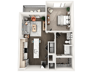1 bed 1 bath 3D floorplan with balcony at The Wren Apartments, Lawrenceville, GA