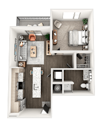 One bedroom 1 bathroom 3D floorplan with balcony at The Wren Apartments, Georgia, 30043