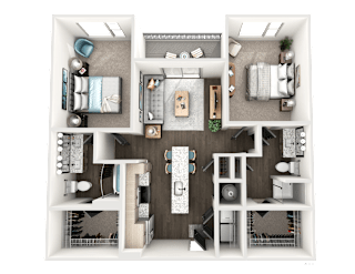 Two bedroom two bath 3D floorplan at The Wren Apartments, Georgia