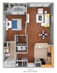 1 Bedroom 1 bath floor plan 752 square feet at The Bartram, in Gainesville, FL 32608
