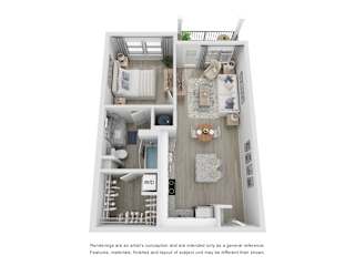 1 Bed 1 Bath 3-D Floorplan