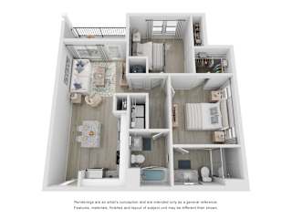 2 Bedroom 2 Bathroom 3-D Floor Plan