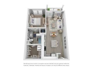 a stylized floor plan with a bedroom and a living room