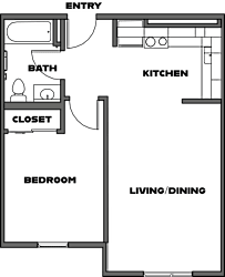 A floor plan of a small apartment with a bedroom, living/dining area, kitchen, bathroom, and closet.