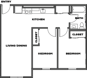 A floor plan of a house with two bedrooms, a living/dining area, a kitchen, a bathroom, and a closet.