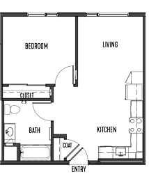 a floor plan of a studio apartment with a bedroom and a living room