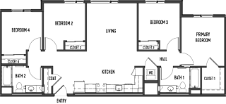 floor plan of the first floor of a town house with a kitchen and living room