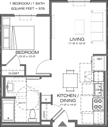 A floor plan of a one bedroom apartment with a bath and a living area.