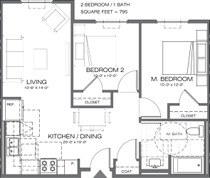 A floor plan of a 2 bedroom, 1 bathroom apartment with a living room, kitchen/dining area, and two closets.