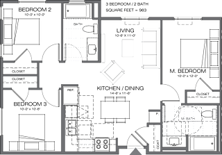 A floor plan of a house with three bedrooms, a living room, a kitchen, and a bathroom.