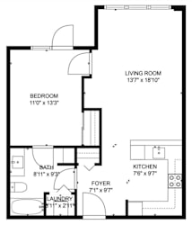 A black and white image of a floor plan for a small apartment.