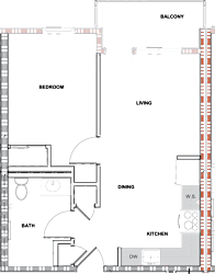 A floor plan of a room with a W.S. and DW.