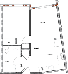 A floor plan of a house with labeled rooms including a living room, dining room, kitchen, and bathroom.