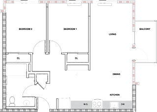 A floor plan of a house with two bedrooms, a living room, a dining room, a kitchen, a balcony, a laundry area, a study, and a garage.