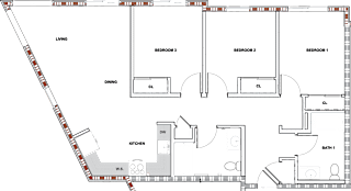 A floor plan of a house with a kitchen, living room, dining room, and three bedrooms.