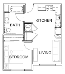 A floor plan of a small apartment with a living room, bedroom, and bathroom.