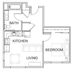 A floor plan of a small apartment with a living room, kitchen, and bedroom.