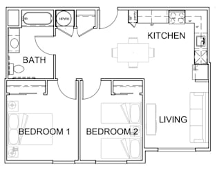 A floor plan of a house with two bedrooms, a bathroom, a kitchen, and a living room.