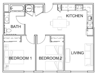 A floor plan of a small apartment with a kitchen, living room, and two bedrooms.
