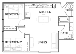 A floor plan of a small apartment with two bedrooms, a kitchen, a bathroom, and a living room.