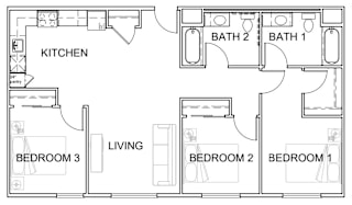 A floor plan of a house with a kitchen, three bedrooms, a living room, and two bathrooms.