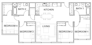 A floor plan of a house with labeled rooms including a kitchen, living room, and four bedrooms.