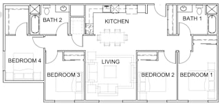 A floor plan of a house with two bathrooms, a kitchen, a living room, and four bedrooms.