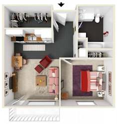 A floor plan of a small apartment with a kitchen, living room, and bathroom.