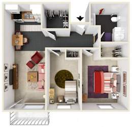 A 3D floor plan of a small apartment with a kitchen, living room, and bathroom.