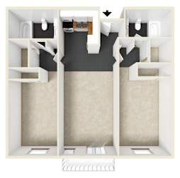 A 3D floor plan of a house with a kitchen, living room, and bathroom.