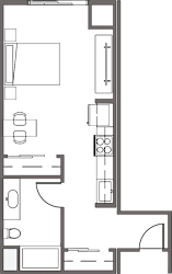 A floor plan of a house with a kitchen, living room, and two bedrooms.