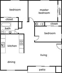 A floor plan of a house with a kitchen, dining area, and multiple bedrooms and closets.