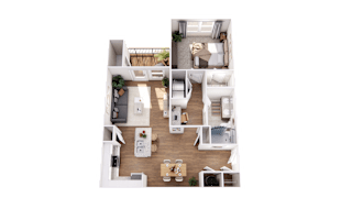 A top-down view of a small apartment layout with a kitchen, living room, and bedroom.