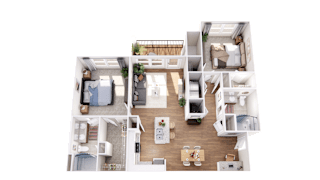 A top-down view of a house layout with a kitchen, living room, and bedrooms.