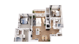 A top-down view of a two-story apartment layout.