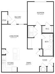 A floor plan of a house with a living room, kitchen, dining room, bedroom, bathroom, and foyer.