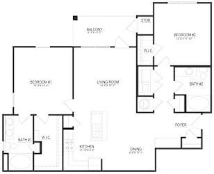 A floor plan of a house with labeled rooms such as Bedroom #1, Kitchen, Living Room, and Bath #1.