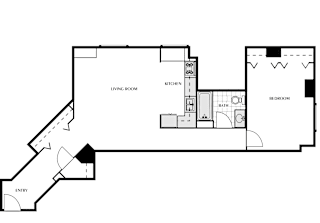 a floor plan of a bedroom floor plan with an open floor plan to the right