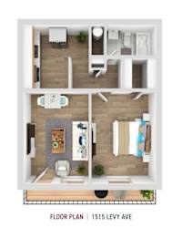 A floor plan of an apartment at 1515 Levy Ave.