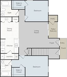 A floor plan of a house with two bedrooms, a living room, a dining room, a kitchen, a laundry room, and a patio/balcony.
