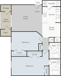A floor plan of a house with two bedrooms, a living room, a kitchen, a dining room, a laundry room, a patio/balcony, a storage area, and an HVAC unit.