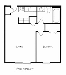 A black and white image of a floor plan for a living room, bedroom, and patio/balcony.