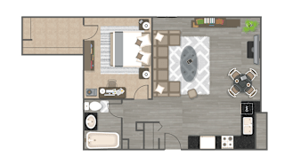 A floor plan of a small apartment with a kitchen, living room, and bathroom.