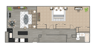 A floor plan of a house with a kitchen, living room, and bathroom.