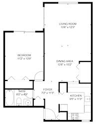 A black and white image of a floor plan for a small apartment.