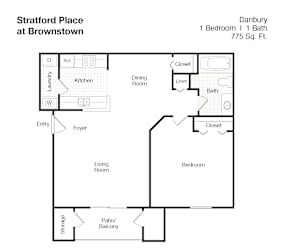 A floor plan of a one bedroom, one bath apartment at Danbury at Stratford Place at Brownstown.