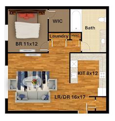 A floor plan of a small apartment with a bedroom, bathroom, laundry, and kitchen.