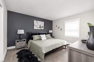 A bedroom with a bed, nightstand, lamp, and a plant.