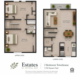 A floor plan for a 2 bedroom townhouse at Estates at Crystal Bay.