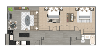 A floor plan of a house with two bedrooms, a living room, a kitchen, and a bathroom.